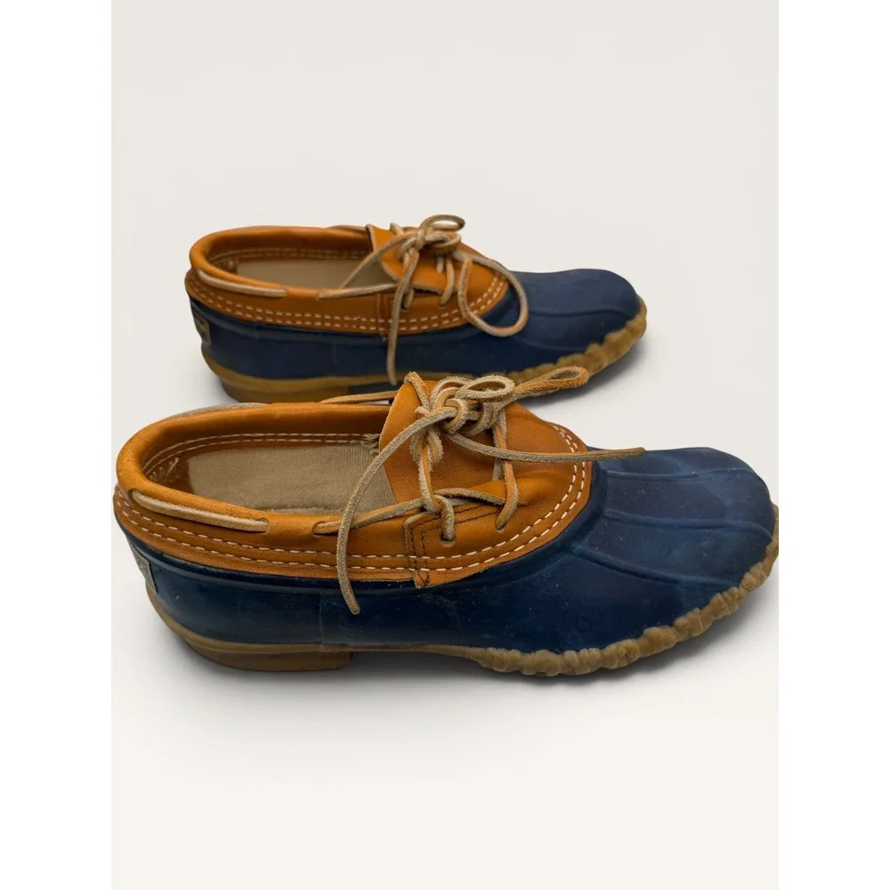 LL Bean Boots Womens 7 Navy Blue Tan Leather Low Gumshoe Duck Boots Made in USA